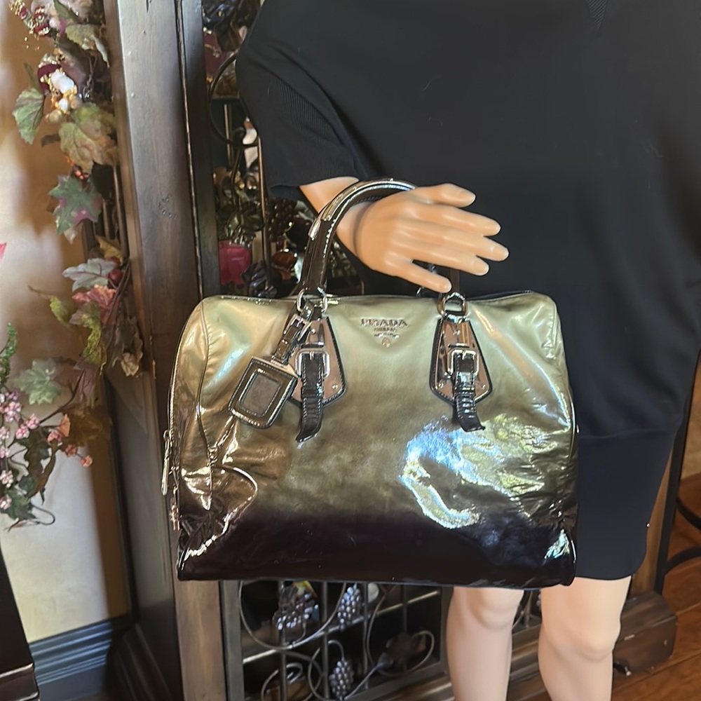 Large Prada Black and Green Ombré Patent Leather Bauletto Sachel Bag